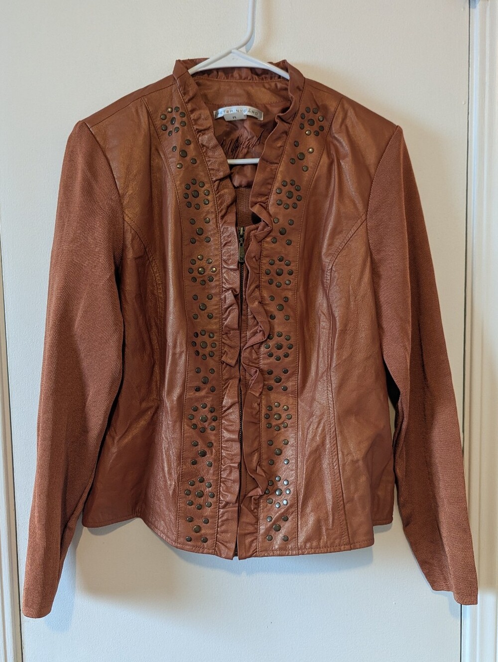 Peter Nygard Cognac Leather Ruffle Jacket with Stud Accents